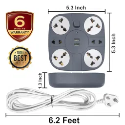 Extension Cord with 2 USB Charging Ports and 6 Socket - 10 Amp Heavy Duty Multiplug Extension Board for Multiple Devices Smartphone Tablet Laptop Computer (3 Meter - Grey) image 2