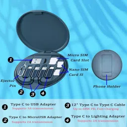 5-in-1 Multi USB Charging Adapter Cable Case with Multiple Connector Convertor Adapter Kit with USB-A & USB-C to Male Micro/Type-C/Tray Eject Pin & Portable Phone Holder Storage Box image 2