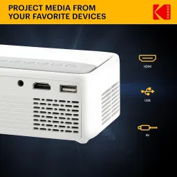 KODAK FLIK X1 Mini Pico Projector | Portable Compact 100” Projector with Remote Control & 2W Speakers Plays Movies, TV Shows & Games | Compatible with HDMI, USB, AV, Smartphone, Firestick | White image 4