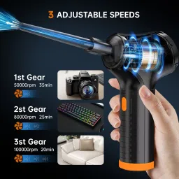 Keway 3 in 1 Compressed Air Duster & Vacuum 12 Kit-80000RPM Electric Air Blower with 3 Gear Adjustable, Portable Car Vacuum for PS5, Keyboard, PC, Home, Inflatables and Auto Interior Cleaning Cordless image 2