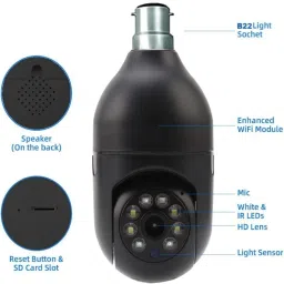 Guard-Well Light Bulb Wireless IP WiFi, Bulb Camera 360 1080p WiFi Panoramic Mini Lamp IR CCTV 1080p Video Home Security Light Wireless Camera (Black Light) image 2