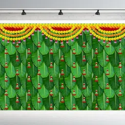 Dhara Banana Leaf with Red Hanging Flowers Pooja Backdrop Cloth - 5ft x 8ft Polyester Fabric for Ganesh Chaturthi, Satyanarayan Pooja, (Aritaku) Washable Fabric image 3