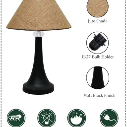 Homesake ® Black Metal Urn Table Lamp with Cone Fabric Shade, E27 Holder, (Jute), Incandescent image 5