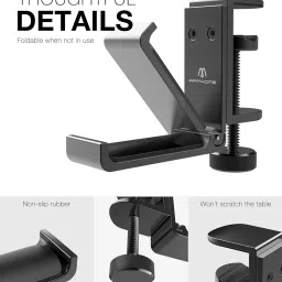 Foldable Headphone Stand Hanger Holder Bracket Aluminum Headset Soundbar Stand Clamp Hook Under Desk Space Save Mount Fold Upward Not in Use, Universal Fit All Headphones, Black image 3