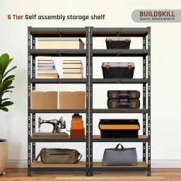 BUILDSKILL 6-Tier Multipurpose Storage Rack | Bolt-Free Assembly | Black Powder-Coated Galvanized Metal | Thick MDF Board | 175Kg Capacity Per Shelf | 170x70x30cm Adjustable Shelf Rack for Home & Shop image 3