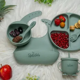 Sproutlets Silicone Feeding Set, 6-Piece Baby Led Weaning Set - Suction Plate, Bear Bowl, Cup, Spoon, Fork and Bib - BPA Free (Olive Green) image 1