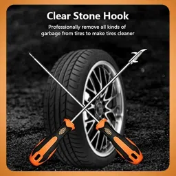 2-in-1 Tyre Cleaning Hook with Built-In Screwdriver | Car Tire Stone Remover Tool | Stainless Steel Tyre Groove Cleaner with Rubber Grip for Bikes, Trucks, SUVs image 2