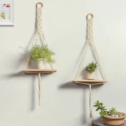 Macrame Handmade Wall Shelf for Plants Decor Cotton Cord Pine Wooden Plank Hanging Floating Shelf Boho Decor Set of 2 for Bedroom Living Room Balcony Beige 55 x 30 image 5