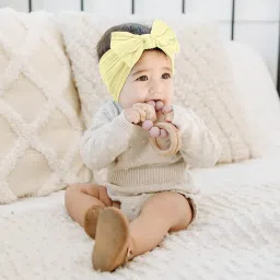 SYGA Baby Bow Jacquard Stretchable Headband With Uv Protection Round Sunglasses Stylish Combo For Toddlers And Kids (Beige, Cream Frame, Free Size) image 1