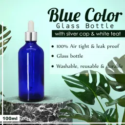 100 ML Blue Round Empty Glass Bottle + Glass Dropper + Silver Ring + White Silicone Teat, Refillable, Leak Proof For Essential Oils, DIY Perfumes (Pack of 1) image 3