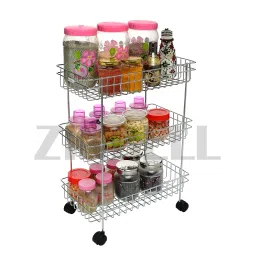 ZINBELL 3 Layer Multipurpose Stainless Steel Portable Wrolavi Kitchen Trolly Storage Rack with Wheels for Kitchen Storage, Vegetable (Silver) image 2