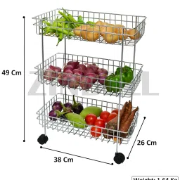 ZINBELL 3 Layer Multipurpose Stainless Steel Portable Wrolavi Kitchen Trolly Storage Rack with Wheels for Kitchen Storage, Vegetable (Silver) image 5