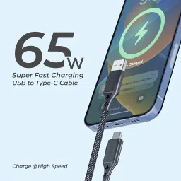 UBON Braided WR408 Type-C Cable 65W 2mtr Fast Charging Cable Unbreakable 5000+ bend Test For Smartphones,Tablets,Laptops & Other Micro USB enabled Devices,480Mbps Data Sync, (Black) image 1