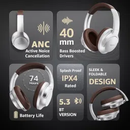 Amazon Basics Pro Series Wireless Noise Cancelling ANC Over Ear Headphone | Bluetooth Headset | USB Charging | 10 m Paring Distance | 74 Hours Battery Life | 40 mm Drivers | IPX4 Rated (Silver) image 1