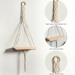 Macrame Handmade Wall Shelf for Plants Decor Cotton Cord Pine Wooden Plank Hanging Floating Shelf Boho Decor Set of 2 for Bedroom Living Room Balcony Beige 55 x 30 image 2