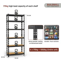 BUILDSKILL 6-Tier Multipurpose Storage Rack | Bolt-Free Assembly | Black Powder-Coated Galvanized Metal | Thick MDF Board | 175Kg Capacity Per Shelf | 170x70x30cm Adjustable Shelf Rack for Home & Shop image 2