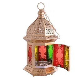Dual Use Decorative Metal Dia Lamp – Hanging & Tabletop Lantern with Multicolor Glass image 2