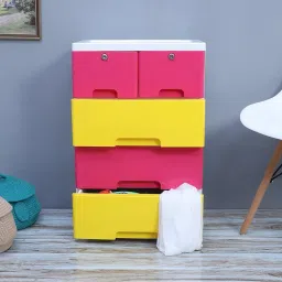 The Tickle Toe Plastic Chest of 5 Drawers | Kids Storage Organizer for Clothes & Toys | Lockable & Portable Cabinet | 51L x 33W x 82H cm | Yellow & Pink image 2