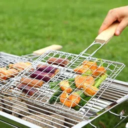 My Heart™ Stainless Steel Portable Barbecue BBQ Grill Net Basket Roast Grilling Tray Plated with Wooden Handle, 1- Piece image 3
