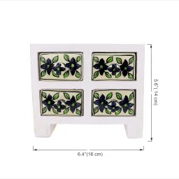 Two Moustaches 5.5 Inches Wooden Chest Tower with 4 Ceramic Drawers, Multipurpose Storage, Dressing Table Organizer, Decorated Wooden Drawer Table Décor, White, Standard, Pack of 1 image 2