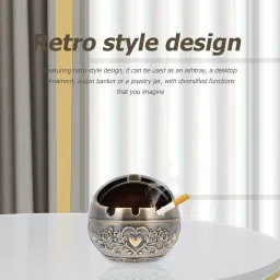 Vintage Windproof Ashtray With Lids - Retro Modeling Tabletop Slim Cigarette Cigar Smoking Ash Tray Holder - Large Capacity Metal Home Office Decoration Fancy Gift image 5