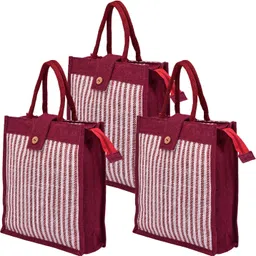 kuber industries Jute Top Flap-Lining Carry Shopping Bag with Handle|Medium|Pack of 3|Maroon Pack of 3 Grocery Bags-picture-10