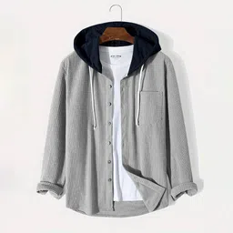 eyebogler Men Oversized Fit Solid Hood Collar Casual Shirt-picture-26
