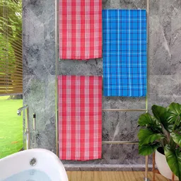 Athom Living Red & Blue 3 Pieces Checked Cotton 150 GSM Bath Towel-image-26
