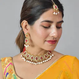 ROHINIKA Gold-Plated Red & White Kundan Studded & Beaded Meenekari Jewellery Set image 5