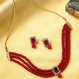 Yellow Chimes Gold plated Red beads Jewellery set image 2