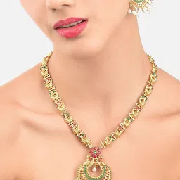 Zaveri Pearls Magenta & Green Gold-Plated Stone-Studded Beaded Jewellery Set image 3