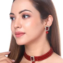 Yellow Chimes Gold plated Red beads Jewellery set image 1