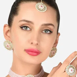 Zaveri Pearls Gold-Plated Pink & White Stone-Studded & Beaded Jewellery Set-picture-42