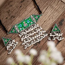 ATIBELLE Silver-Plated Stone-Studded & Pearl Beaded Meenakari Jewellery Set-image-27