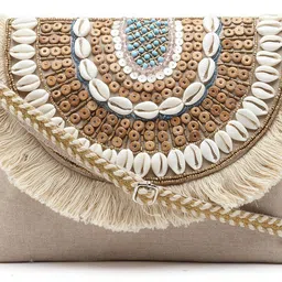 anekaant Brown Women Sling Bag Boho Nude & Brown Seashell Embellished Cotton Canvas Sling Bag-picture-27