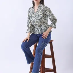 design me fashion and craft Casual Ruffled Sleeves Solid Women Beige Top image 2