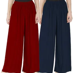 tareeka Pack of 2 Women Regular Fit Blue, Maroon Viscose Rayon Trousers-picture-11