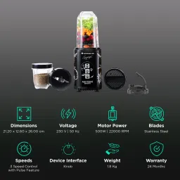 WONDERCHEF Nutri Blend 500 Watt 2 Jars Mixer Grinder (22000 RPM, Copper Motor, Black) image 2