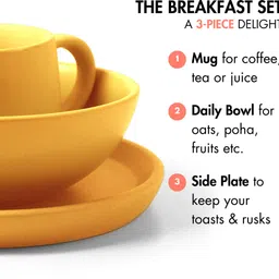 koralkari Pack of 3 Ceramic Breakfast Set - 1 Mug, 1 Bowl, 1 Side Plate Dinner Set image 3