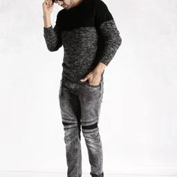 roadster Men Self Design Round Neck Black Sweater image 5