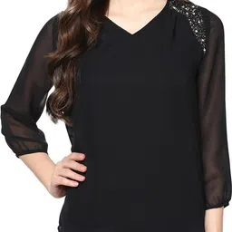 harpa Casual Regular Sleeves Embellished Women Black Top image 1