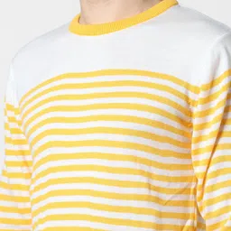 peter england Men Striped Crew Neck Yellow, White Sweater image 3