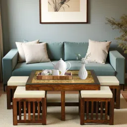 woodsworth from pepperfry Lipik Sheesham Wood Nesting Coffee Table Set in Walnut Finish With Cushioned Stools image 1