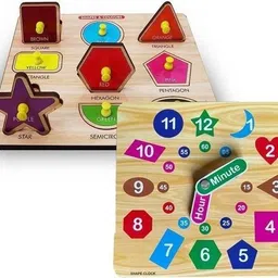 shreevi Combo Montessori Wooden Toy Clock with Hour & Minute + Geometric Shapes Matching-picture-22