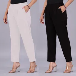 venitywave Pack of 2 Women Regular Fit White, Black Pure Cotton Trousers-picture-13