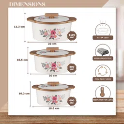 trueware Floraa Inner Steel Outer Plastic Pack of 3 Thermoware Casserole image 3