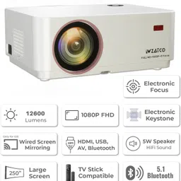 WZATCO Yuva Elite (12600 lm / 1 Speaker / Remote Controller) Electronic Focus, Native 1080P , 250-inch Screen, 5W Inbuilt Speaker, 2 Way Bluetooth, USB Screen Mirroring Ultra Bright Projector image 2