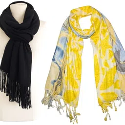 Solid Rayon Women Yellow, Black Scarf, Stole, Fancy Scarf-image-76