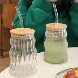 jay ramdev seller Ribbed Glassware for Juice Beverage with Lids and Straws Glass Tumbler image 4