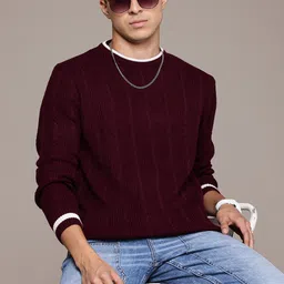 roadster Men Self Design Round Neck Maroon Sweater-picture-28